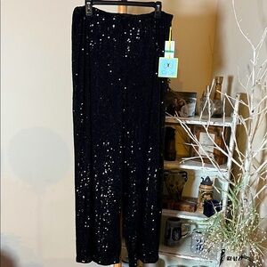 💙NWT CeCe L Gorgeous Black Sequin Wide Leg pull-on pants,elastic waist band